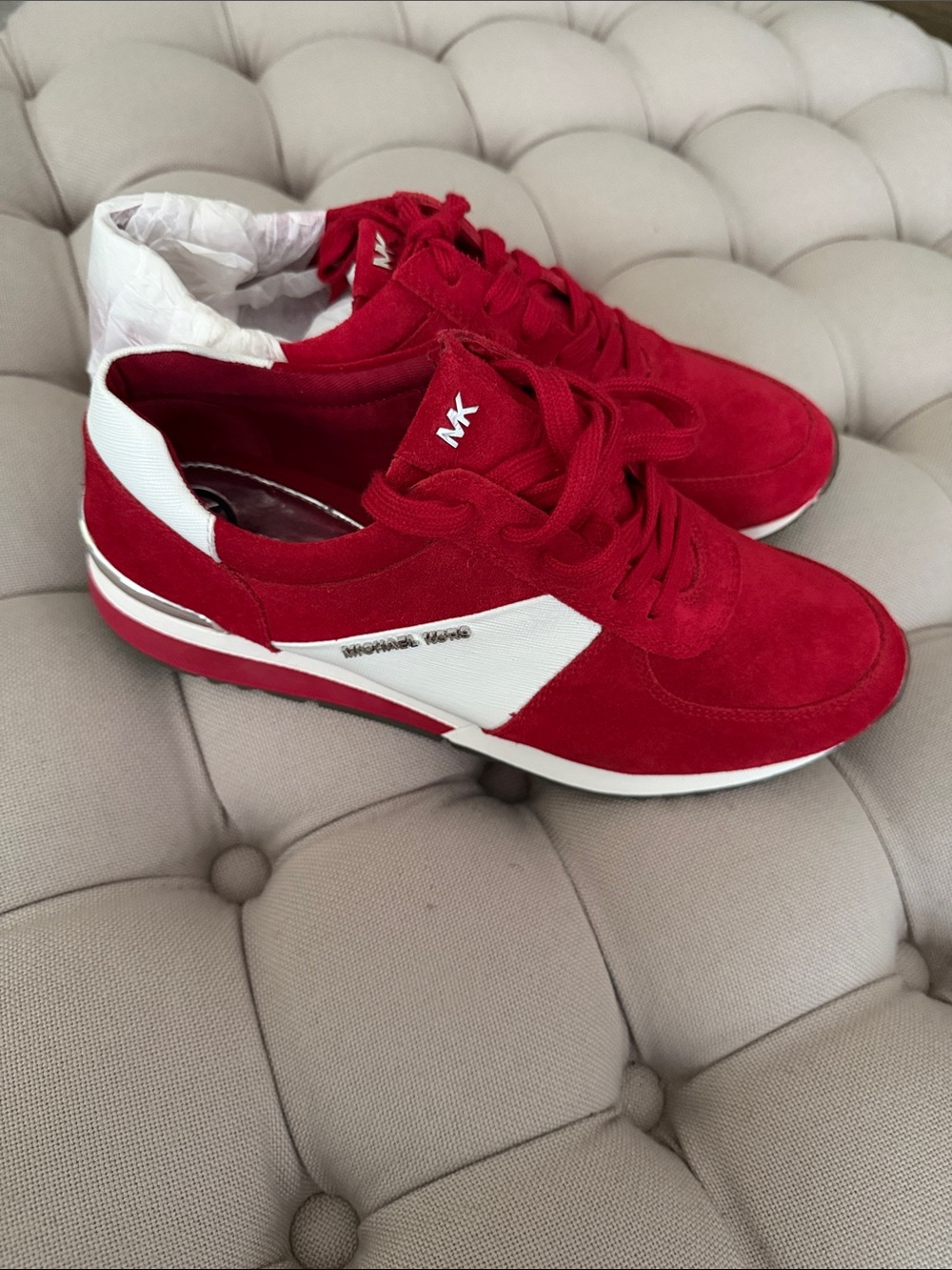 Michael Kors Red and White Suede Lace-Up Sneakers